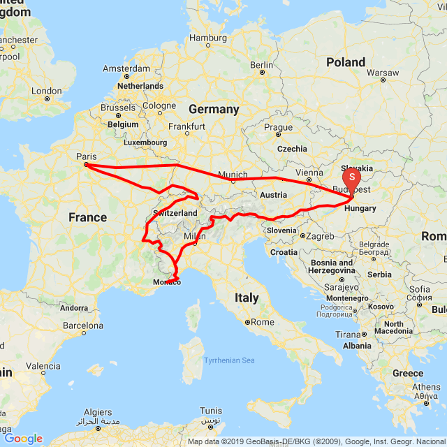 Nome della gita: 20190715_Köstendorf Sondalo Monaco Arbon Paris Türnitz<br>Motorista: Perjés Ferenc<br>Partenza: 2019.07.15.<br>Distanza: 4851.22 km<br>Velocità media: 70 km/h<br> 20190715_Köstendorf Sondalo Monaco Arbon Paris Türnitz