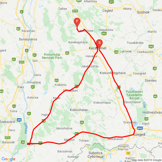 Útvonal neve: Szeged Baja Évadzáró<br>Motoros: Jozsef Dorogi<br>Indulás: 2019.10.27.<br>Távolság: 337.324 km<br>Átlagsebesség: 74 km/h<br> Szeged Baja Évadzáró
