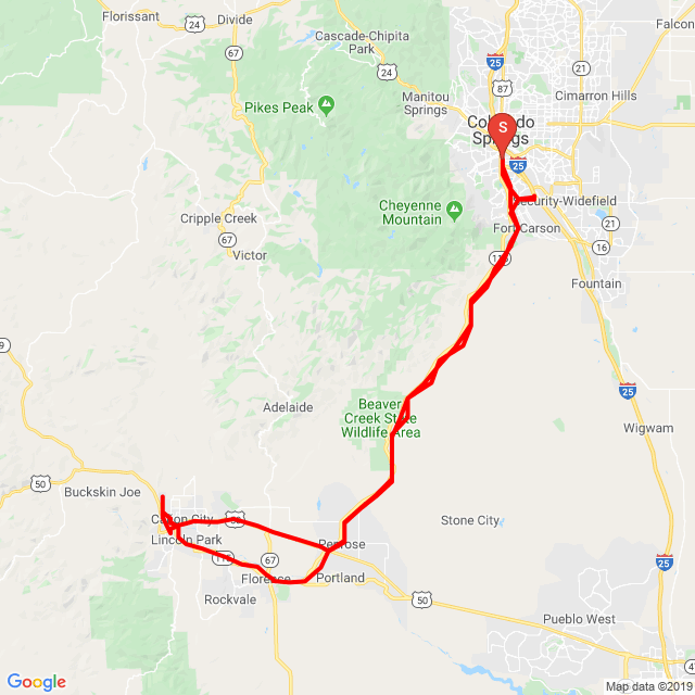 Útvonal neve: Florence, Canon City and Skyline Drive with Ken and Buzz.<br>Motoros: Erich Olney<br>Indulás: 2019.11.06.<br>Távolság: 158.884 km<br>Átlagsebesség: 73 km/h<br> Florence, Canon City and Skyline Drive with Ken and Buzz.