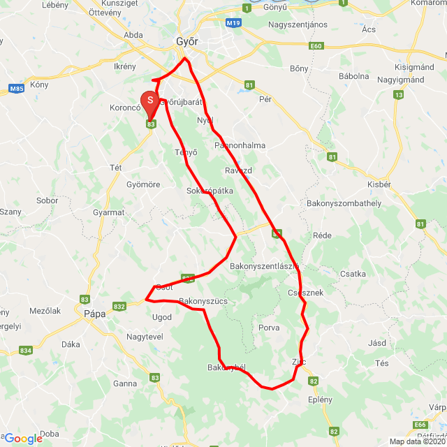 Name of route: Bakony körn<br>Biker's name: Lupi<br>Start: 2020.04.05.<br>Distance: 152.393 km<br>Average speed: 71 km/h<br> Bakony körn