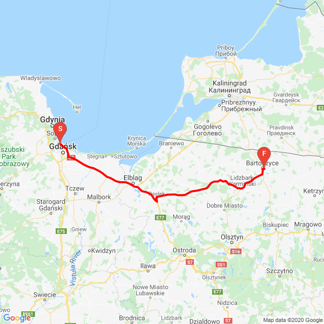 Name of route: Wyprawa klubowa do kolegi w Bartoszycach<br>Biker's name: Eduardo<br>Start: 2020.05.03.<br>Distance: 186.119 km<br>Average speed: 87 km/h<br> Wyprawa klubowa do kolegi w Bartoszycach