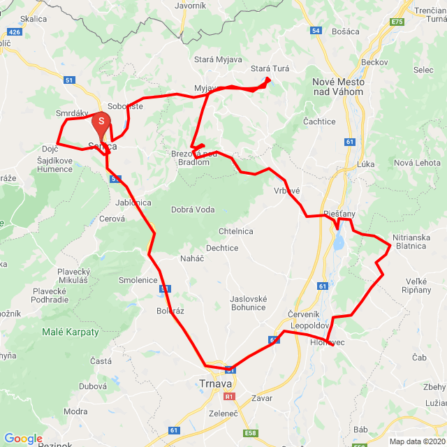 Name of route: Hlohovský_chalani <br>Biker's name: Samuel<br>Start: 2020.05.17.<br>Distance: 220.155 km<br>Average speed: 63 km/h<br> Hlohovský_chalani