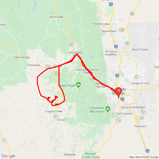 Nome della gita: Rhyolite Mountain Mesa/Cripple Creek Mountain Estates with Ken<br>Motorista: Erich Olney<br>Partenza: 2020.05.26.<br>Distanza: 168.958 km<br>Velocità media: 49 km/h<br> Rhyolite Mountain Mesa/Cripple Creek Mountain Estates with Ken