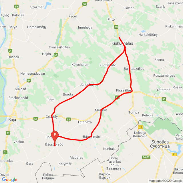 Nom du voyage: 20200606 kiskunhalas<br>Motard: Kovács Tamás<br>Départ: 2020.06.06.<br>Distance: 121.002 km<br>Vitesse moyenne: 68 km/h<br> 20200606 kiskunhalas