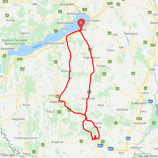 Name of route: 20200613 Pécs- Abaliget-Kaposvár<br>Biker's name: Gulyás Tamás<br>Start: 2020.06.13.<br>Distance: 276.669 km<br>Average speed: 64 km/h<br> 20200613 Pécs- Abaliget-Kaposvár