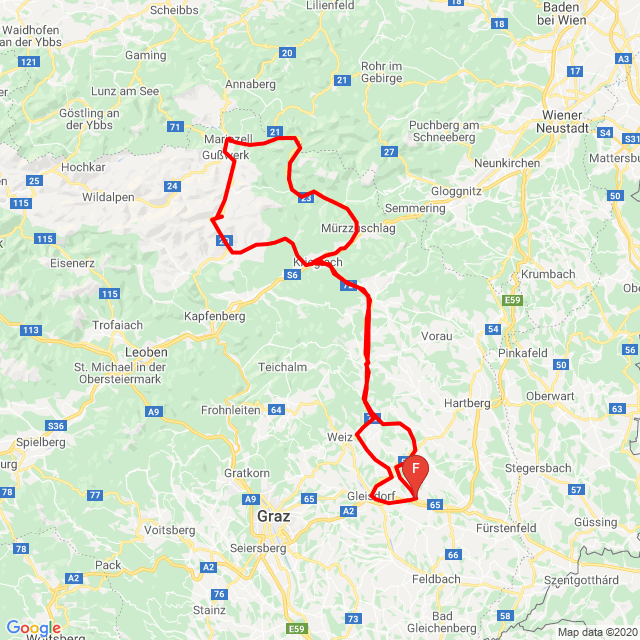 Name of route: Mariazell<br>Biker's name: Gergő Tróbert<br>Start: 2020.06.13.<br>Distance: 287.941 km<br>Average speed: 71 km/h<br> Mariazell
