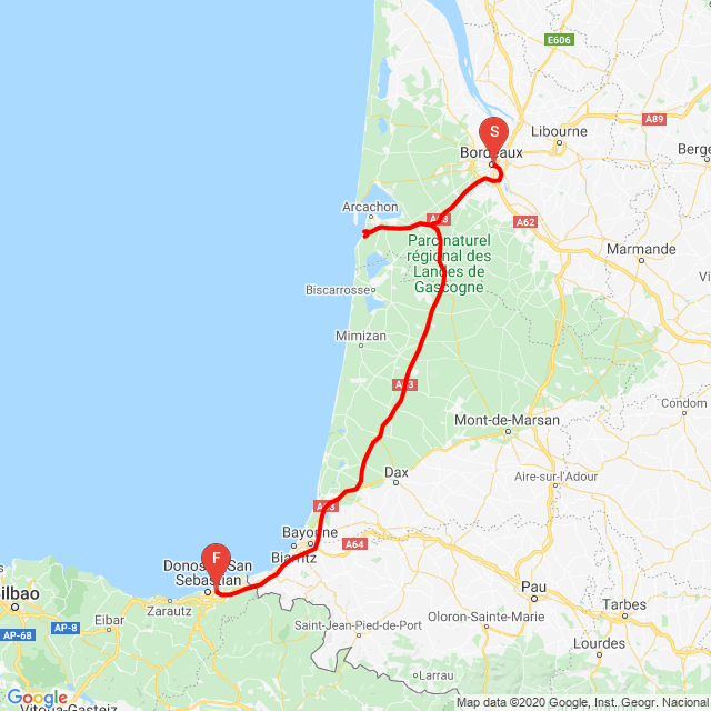 Name of route: 20200804 Bordeaux -> Dunes du Pilat -> San Sevastian<br>Biker's name: János Schmidt<br>Start: 2020.08.04.<br>Distance: 299.934 km<br>Average speed: 89 km/h<br> 20200804 Bordeaux -> Dunes du Pilat -> San Sevastian
