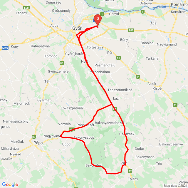 Nome della gita: Győr-Bakonybél- Csesznek-Győr<br>Motorista: Stefanits Ádám<br>Partenza: 2021.04.25.<br>Distanza: 158.96 km<br>Velocità media: 66 km/h<br> Győr-Bakonybél- Csesznek-Győr