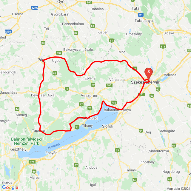 Nome della gita: fvár-bfüred-tapolca-pápa-bakony<br>Motorista: Balog László<br>Partenza: 2021.05.01.<br>Distanza: 269.401 km<br>Velocità media: 56 km/h<br> fvár-bfüred-tapolca-pápa-bakony