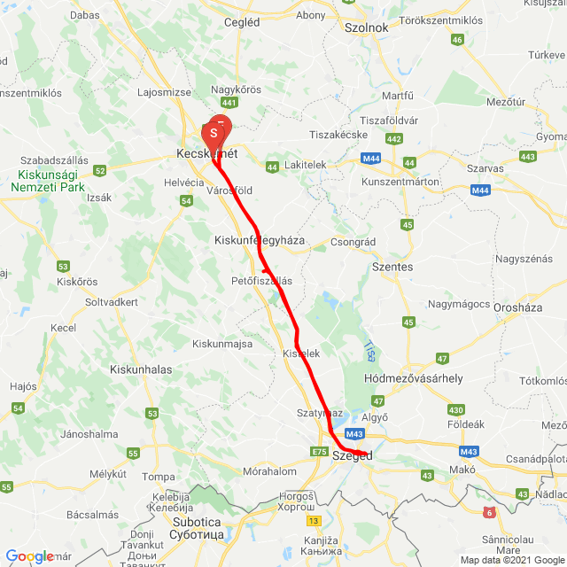 Nome della gita: Kecskemét-Szeged-Kecskemét<br>Motorista: Hajagos János<br>Partenza: 2021.06.05.<br>Distanza: 175.452 km<br>Velocità media: 79 km/h<br> Kecskemét-Szeged-Kecskemét