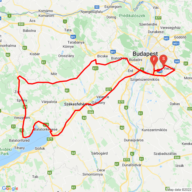 Nom du voyage: Csesznek<br>Motard: Pisti<br>Départ: 2021.06.12.<br>Distance: 366.335 km<br>Vitesse moyenne: 72 km/h<br> Csesznek