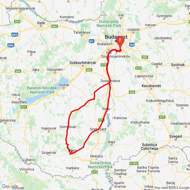 Nome della gita: Pécsi keringő<br>Motorista: Bézi Lajos<br>Partenza: 2022.05.01.<br>Distanza: 444.86 km<br>Velocità media: 72 km/h<br> Pécsi keringő