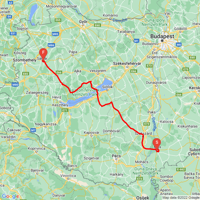 Nome della gita: Baja-Sárvár<br>Motorista: Deák Zoltán (Deka)<br>Partenza: 2022.05.27.<br>Distanza: 277.469 km<br>Velocità media: 63 km/h<br> Baja-Sárvár