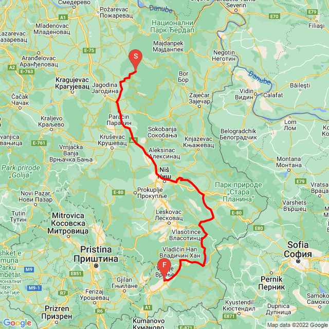 Name of route: 20220730_Krupaja-Vranje<br>Biker's name: Tomi Szittya<br>Start: 2022.07.30.<br>Distance: 336.184 km<br>Average speed: 69 km/h<br> 20220730_Krupaja-Vranje