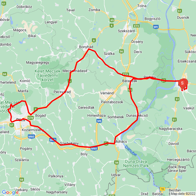 Útvonal neve: Mecsek Rallye, Ranga László út<br>Motoros: Farkas Norbert<br>Indulás: 2022.10.18.<br>Távolság: 195.309 km<br>Átlagsebesség: 68 km/h<br> Mecsek Rallye, Ranga László út