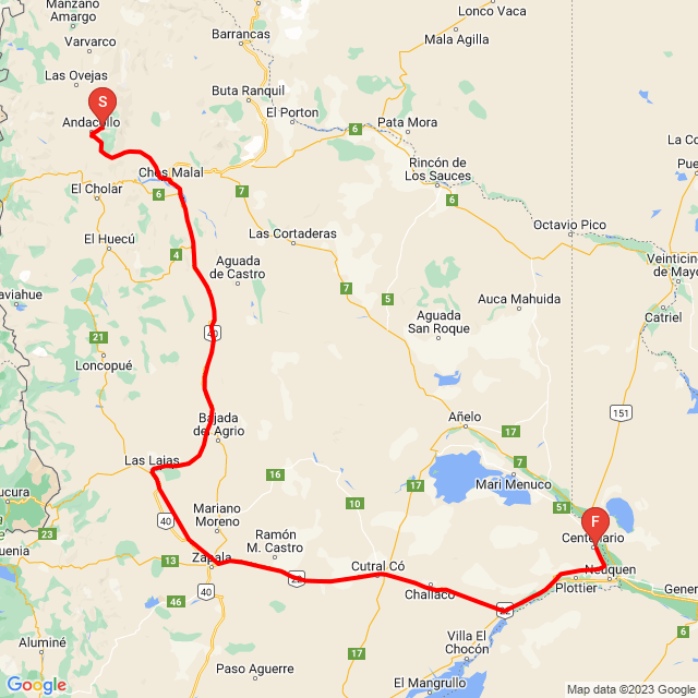 Nome della gita: Huinganco - Centenario<br>Motorista: AbuelosRider<br>Partenza: 2023.02.27.<br>Distanza: 460.583 km<br>Velocità media: 93 km/h<br> Huinganco - Centenario