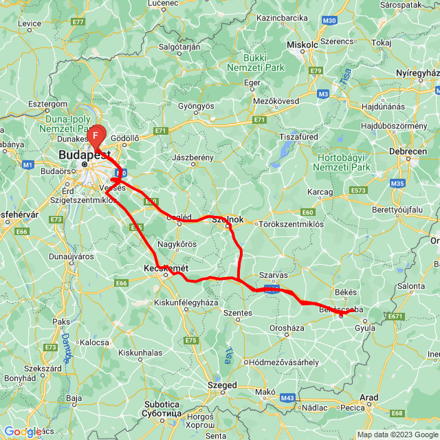 Nome della gita: Bp-Békéscsaba-Bp<br>Motorista: Könyves Zoltán<br>Partenza: 2023.02.28.<br>Distanza: 502.284 km<br>Velocità media: 97 km/h<br> Bp-Békéscsaba-Bp