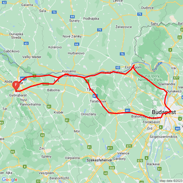 Name of route: Esztergom -Aréna pláza<br>Biker's name: kisteso<br>Start: 2023.05.11.<br>Distance: 294.5 km<br>Average speed: 54 km/h<br> Esztergom -Aréna pláza