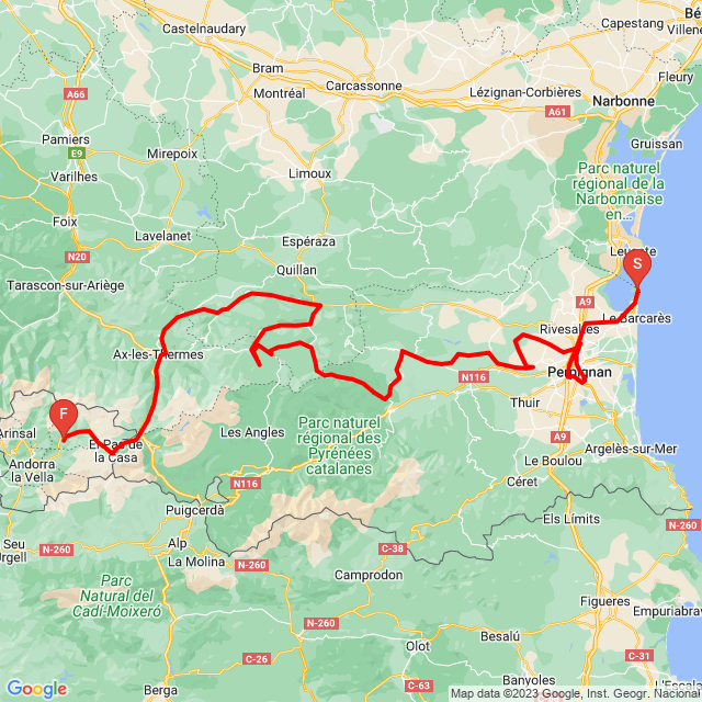 Name of route: 2023-3 Barcares -Canillo<br>Biker's name: Michel Favre<br>Start: 2023.05.11.<br>Distance: 327.196 km<br>Average speed: 47 km/h<br> 2023-3 Barcares -Canillo