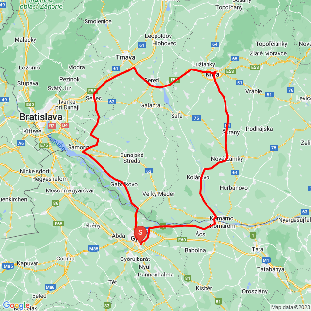 Name of route: 20230611_Nyitra<br>Biker's name: Szalai Gyula<br>Start: 2023.06.11.<br>Distance: 268.991 km<br>Average speed: 65 km/h<br> 20230611_Nyitra