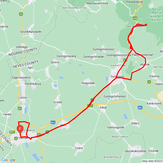 Name of route: 20230611_UHU, Kékestető Judit, Ildi és Szilivel<br>Biker's name: Varbai János<br>Start: 2023.06.11.<br>Distance: 100.548 km<br>Average speed: 53 km/h<br> 20230611_UHU, Kékestető Judit, Ildi és Szilivel