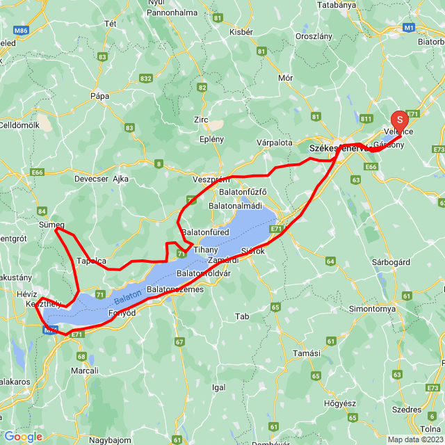 Nom du voyage: 20230618_Velence-Aszófő halsütő-Tapolca-Bszentgyörgy-Szantód-Velence<br>Motard: Tamás Mulady<br>Départ: 2023.06.18.<br>Distance: 343.376 km<br>Vitesse moyenne: 74 km/h<br> 20230618_Velence-Aszófő halsütő-Tapolca-Bszentgyörgy-Szantód-Velence