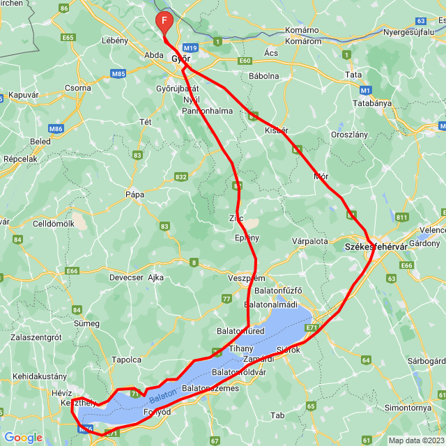 Nome della gita: Balaton kerülő túra<br>Motorista: Deákovits Diána<br>Partenza: 2023.07.18.<br>Distanza: 384.898 km<br>Velocità media: 64 km/h<br> Balaton kerülő túra