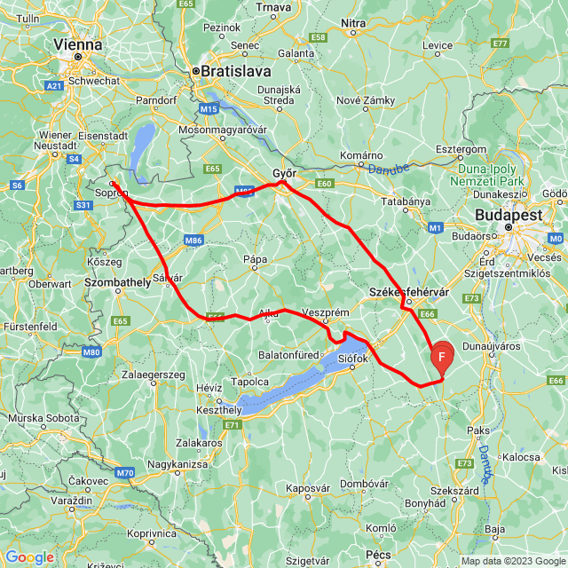 Nome della gita: 20230915_Győr, Sopron <br>Motorista: Nagy Ferenc<br>Partenza: 2023.09.15.<br>Distanza: 433.131 km<br>Velocità media: 65 km/h<br> 20230915_Győr, Sopron