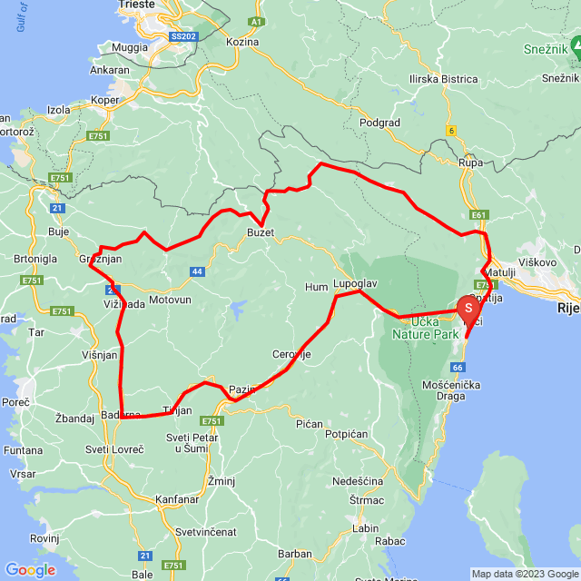 Name of route: Ika - Buzet - Ika <br>Biker's name: Horváth Ferenc<br>Start: 2023.10.07.<br>Distance: 184.127 km<br>Average speed: 50 km/h<br> Ika - Buzet - Ika