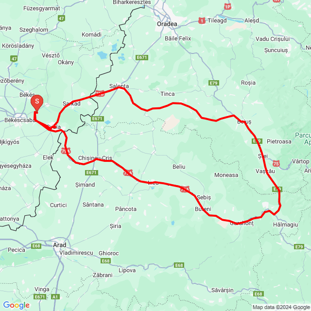 Nom du voyage: 20231007_103644 Borosjenő, Belényes, Nagyszalonta<br>Motard: Vihartom<br>Départ: 2023.10.07.<br>Distance: 318.198 km<br>Vitesse moyenne: 74 km/h<br> 20231007_103644 Borosjenő, Belényes, Nagyszalonta