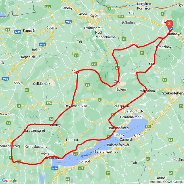 Nom du voyage: 20231007_Tomival hosszú Bakony kör<br>Motard: Link<br>Départ: 2023.10.07.<br>Distance: 451.169 km<br>Vitesse moyenne: 74 km/h<br> 20231007_Tomival hosszú Bakony kör