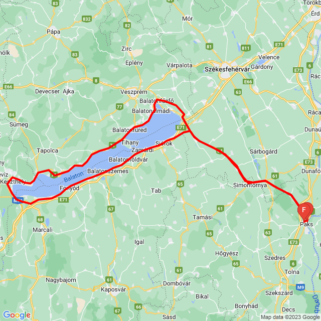 Nom du voyage: Balaton kerülő<br>Motard: Janecska Zoltán<br>Départ: 2023.10.07.<br>Distance: 337.911 km<br>Vitesse moyenne: 62 km/h<br> Balaton kerülő
