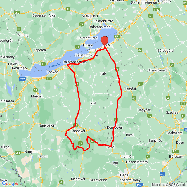 Name of route: 20231012_Zselic<br>Biker's name: Zwickl László<br>Start: 2023.10.12.<br>Distance: 235.979 km<br>Average speed: 70 km/h<br> 20231012_Zselic