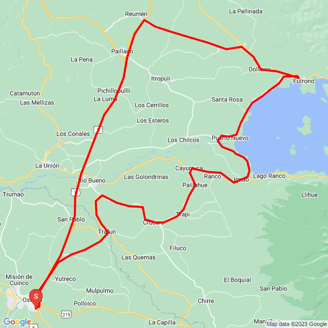 Nome della gita: 20231127 vuelta al Lago Ranco<br>Motorista: Luis Tamborini<br>Partenza: 2023.11.27.<br>Distanza: 238.594 km<br>Velocità media: 83 km/h<br> 20231127 vuelta al Lago Ranco