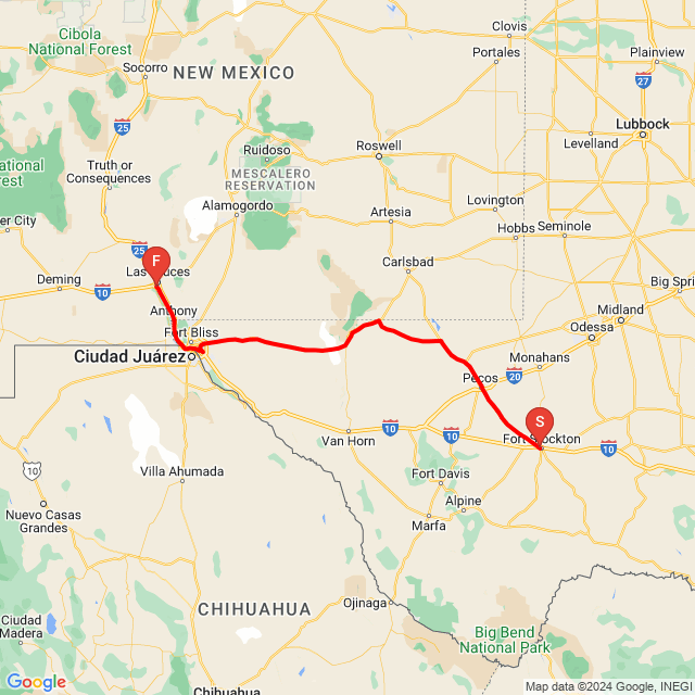 Nome della gita: 20240323_Fort Stockton - Las Cruses<br>Motorista: Hearchy<br>Partenza: 2024.03.23.<br>Distanza: 494.608 km<br>Velocità media: 85 km/h<br> 20240323_Fort Stockton - Las Cruses