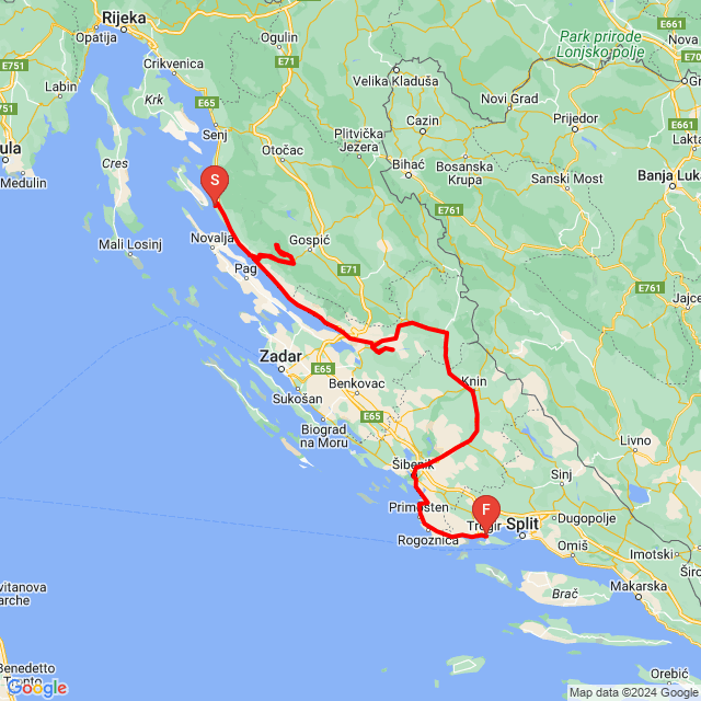 Nom du voyage: 20240413 Jablanac - Trogir<br>Motard: Atis<br>Départ: 2024.04.13.<br>Distance: 442.453 km<br>Vitesse moyenne: 67 km/h<br> 20240413 Jablanac - Trogir