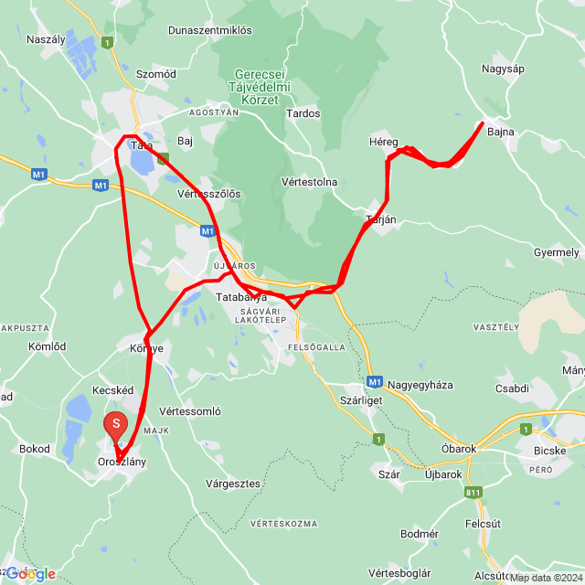 Nom du voyage: 20240413_161512<br>Motard: Takács Richárd<br>Départ: 2024.04.13.<br>Distance: 109.391 km<br>Vitesse moyenne: 90 km/h<br> 20240413_161512
