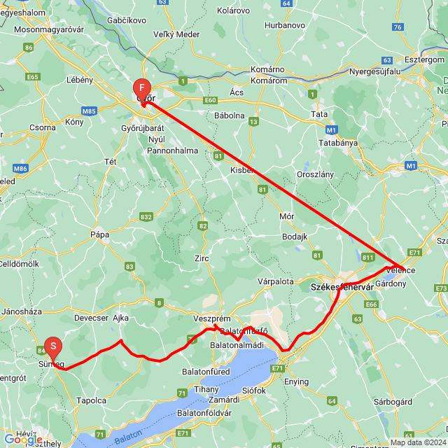 Name of route: Sümeg - Velence - Győr <br>Biker's name: Turner Tibor<br>Start: 2024.05.01.<br>Distance: 147.684 km<br>Average speed: 63 km/h<br> Sümeg - Velence - Győr