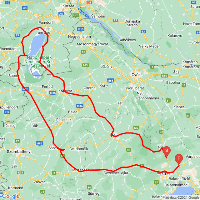 Name of route: Fertő tó<br>Biker's name: Reni Deli<br>Start: 2024.05.01.<br>Distance: 388.447 km<br>Average speed: 75 km/h<br> Fertő tó