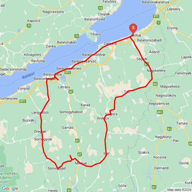 Name of route: Siófok - Somogy - Siófok <br>Biker's name: Horváth Ferenc<br>Start: 2024.05.19.<br>Distance: 158.73 km<br>Average speed: 51 km/h<br> Siófok - Somogy - Siófok
