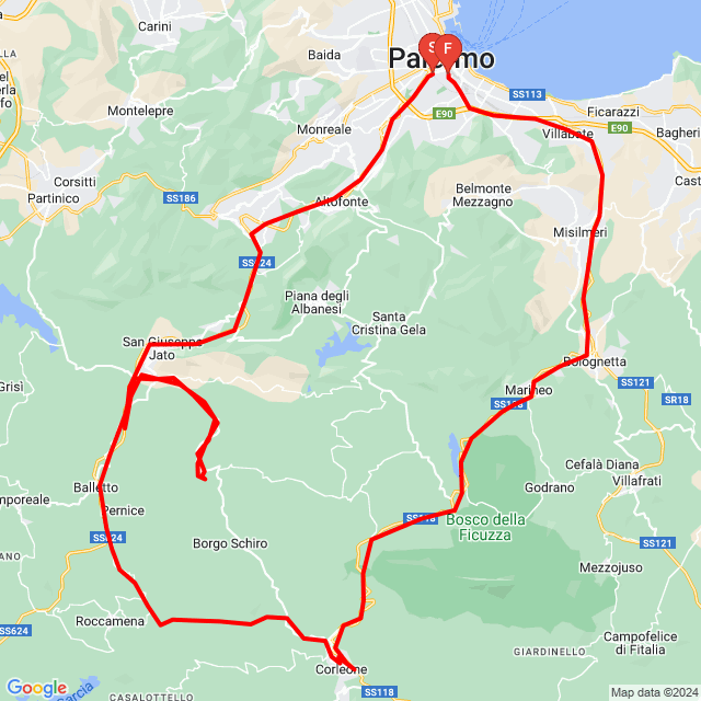 Nom du voyage: 20240627 Palermo-Corleone<br>Motard: Zsolt Fugedi<br>Départ: 2024.06.27.<br>Distance: 143.012 km<br>Vitesse moyenne: 54 km/h<br> 20240627 Palermo-Corleone