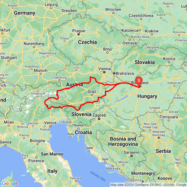 Name der Route: Dolomit + Alpok<br>Motorfahrer: Rider Baloo<br>Abfahrt: 2024.07.13.<br>Distanz: 1787.35 km<br>Durchschnittsgeschwindigkeit: 83 km/h<br> Dolomit + Alpok