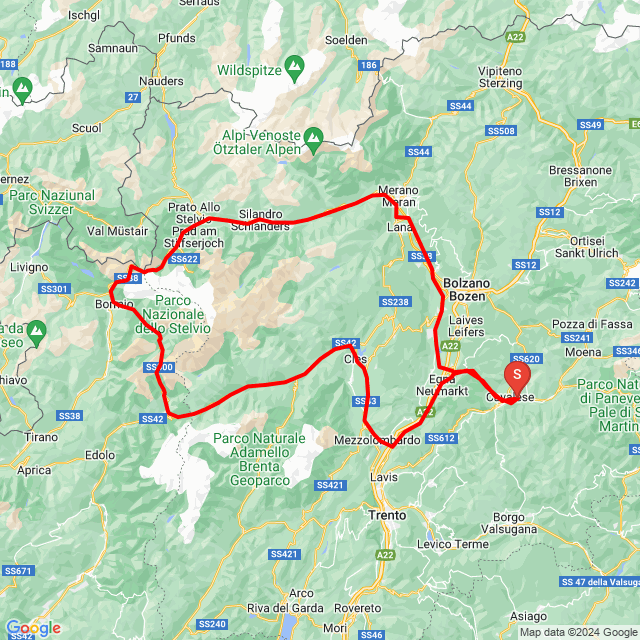 Nome della gita: 3. nap: Cavalese - Passo Dello Stelvio - Cavalese<br>Motorista: Vikor Bálint Dezső<br>Partenza: 2024.09.02.<br>Distanza: 340.832 km<br>Velocità media: 49 km/h<br> 3. nap: Cavalese - Passo Dello Stelvio - Cavalese