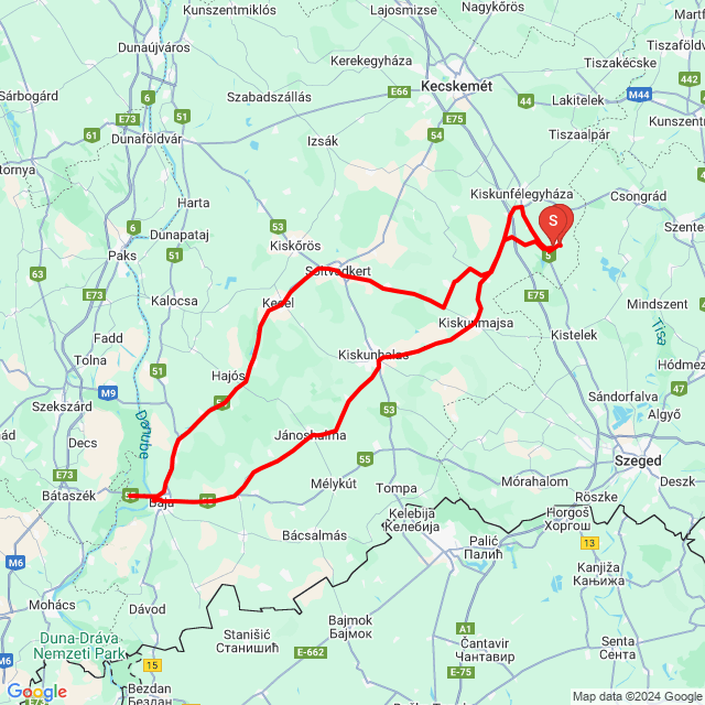 Name of route: Duna árvíz Baja<br>Biker's name: Boda Antal<br>Start: 2024.09.24.<br>Distance: 248.422 km<br>Average speed: 70 km/h<br> Duna árvíz Baja