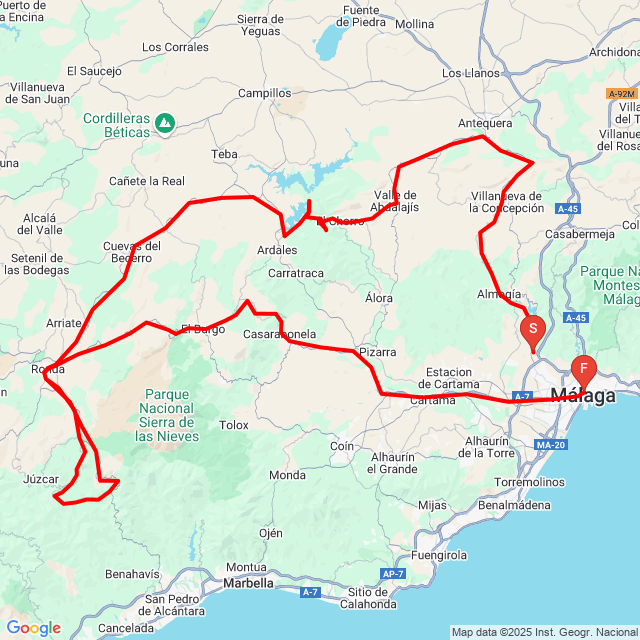 Name of route: Málaga - Ronda<br>Biker's name: Hambuch Berti<br>Start: 2025.02.23.<br>Distance: 304.749 km<br>Average speed: 60 km/h<br> Málaga - Ronda