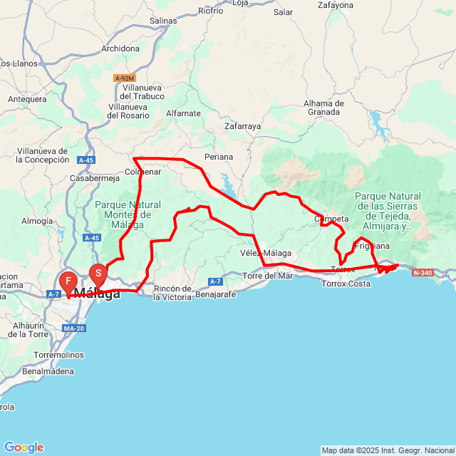 Name of route: Malaga-Nerja<br>Biker's name: Hambuch Berti<br>Start: 2025.02.24.<br>Distance: 228.878 km<br>Average speed: 52 km/h<br> Malaga-Nerja