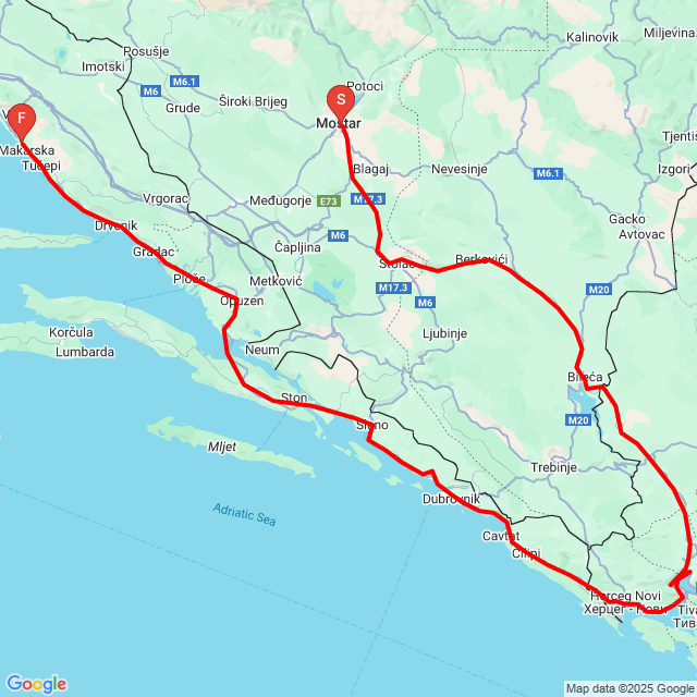 Nom du voyage: Mostar-Makarska<br>Motard: Szabó Gergő<br>Départ: 2025.05.02.<br>Distance: 393.381 km<br>Vitesse moyenne: 61 km/h<br> Mostar-Makarska