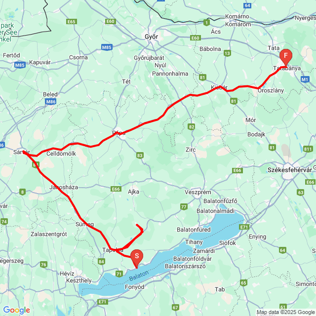Nom du voyage: 20250525_125946<br>Motard: László Fehér<br>Départ: 2025.05.25.<br>Distance: 244.646 km<br>Vitesse moyenne: 64 km/h<br> 20250525_125946