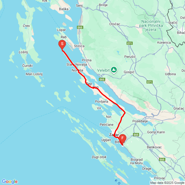 Nom du voyage: 20250617_sukosan pag<br>Motard: Gilbert<br>Départ: 2025.06.17.<br>Distance: 105.901 km<br>Vitesse moyenne: 61 km/h<br> 20250617_sukosan pag