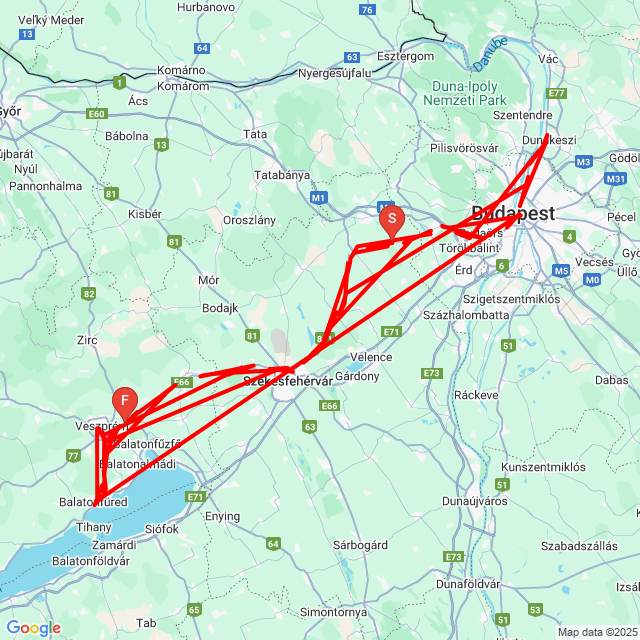 Nom du voyage: Veszprém odaút<br>Motard: Gábor Pozsgai<br>Départ: 2025.07.13.<br>Distance: 175.12 km<br>Vitesse moyenne: 61 km/h<br> Veszprém odaút